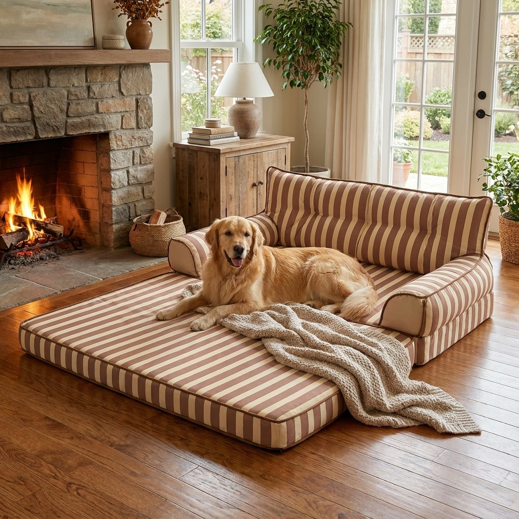 Trendy striped dog sofa bed, water-repellent & foldable. Plush, non-slip, easy clean pet furniture for comfort.
