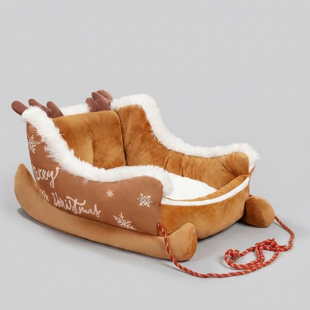 Festive sleigh-style plush dog bed, offering cozy holiday comfort. Soft pet bed, warm and inviting for Christmas relaxation.