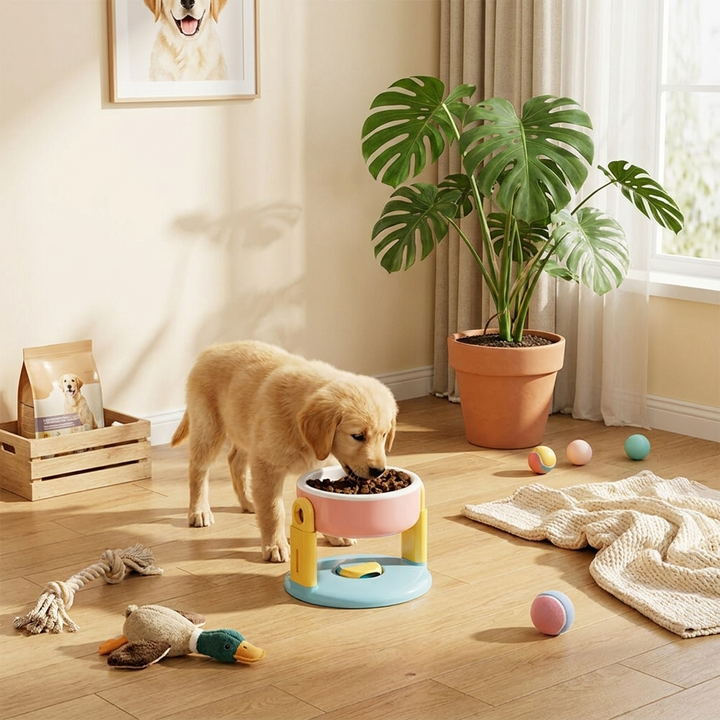 Red elevated pet feeding bowl for neck protection, suitable for dogs & cats. Ergonomic, comfortable mealtime.