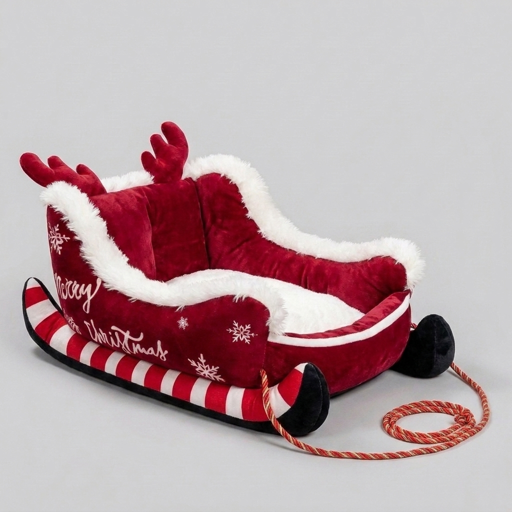 Cozy holiday plush dog bed. Soft, warm pet bed for festive comfort, perfect pet furniture for any dog size.