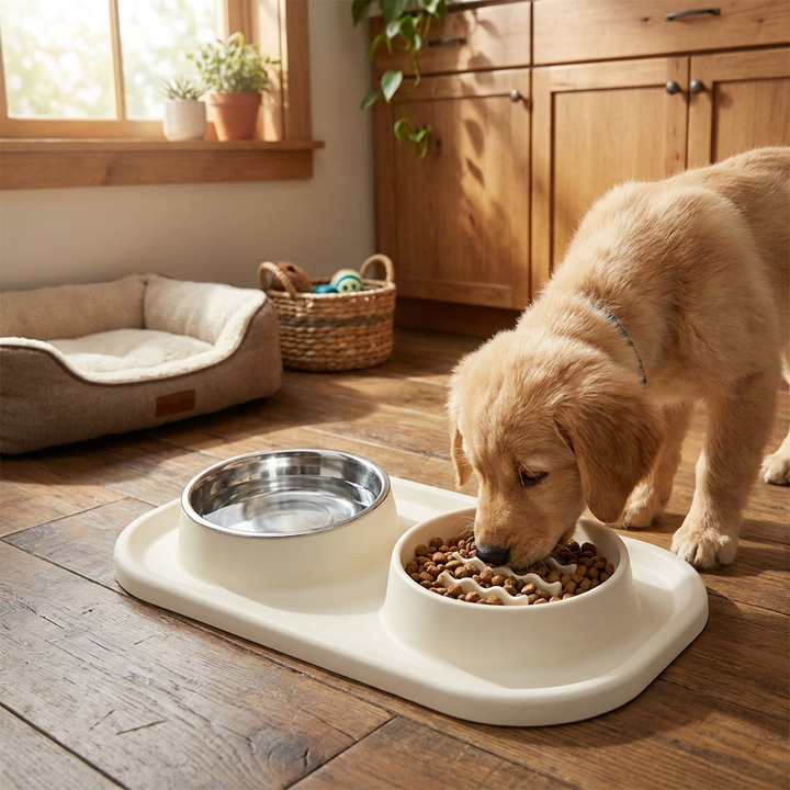 Pet slow feeder dual bowl for dogs & cats, promoting healthy eating & hydration with separate food & water sections.