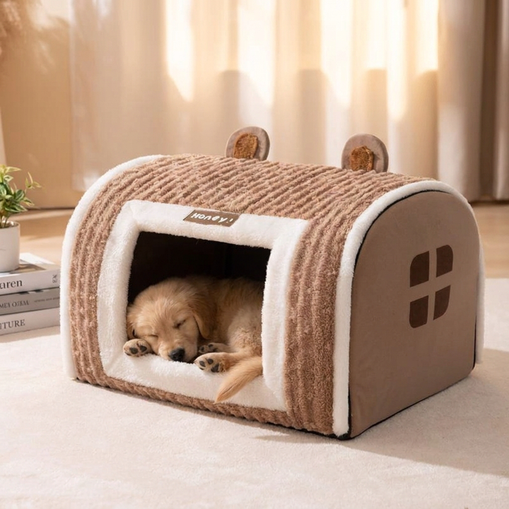 Lomi Brown Pet Kennel Cozy Retreat for small to medium dogs and cats. Comfortable indoor pet house & bed furniture.