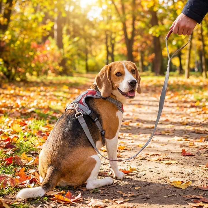 Adjustable reflective dog harness and leash set for comfortable walking. Ideal for small to large dogs.