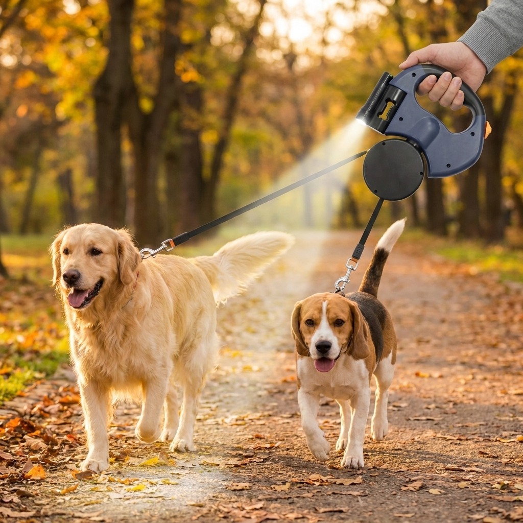 Dual retractable dog leash for walking two dogs safely. Features comfortable grip & tangle-free design.