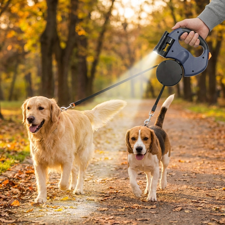 Dual retractable dog leash for walking two dogs safely. Features comfortable grip & tangle-free design.