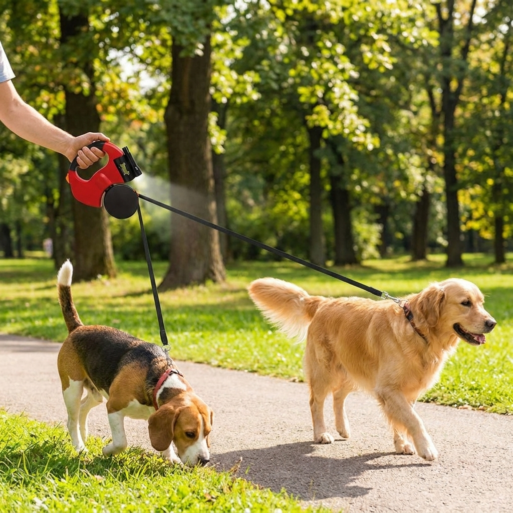 Retractable dual dog leash with built-in LED light for improved visibility & pet safety during night walks.