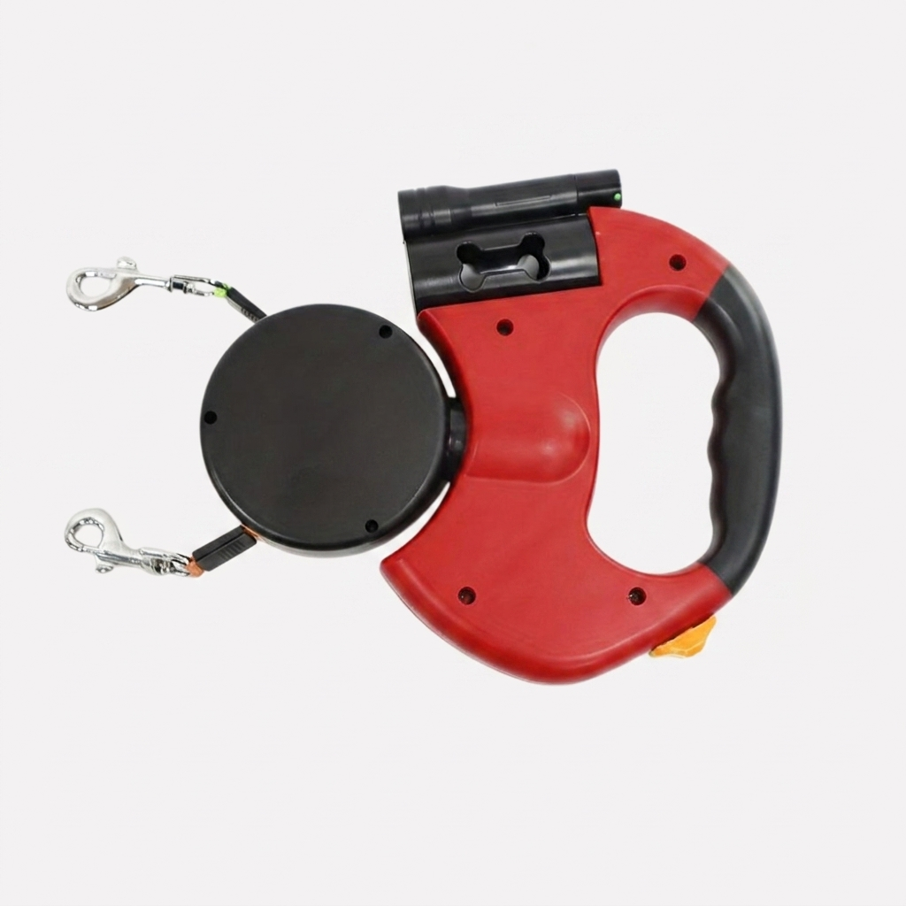 Pet owner walking two dogs outdoors using a unisex dual retractable dog leash. Essential pet supplies.