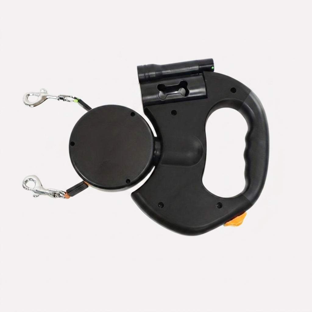 Close-up of a modern dual retractable dog leash with LED light, essential pet gear for convenient dog walking.
