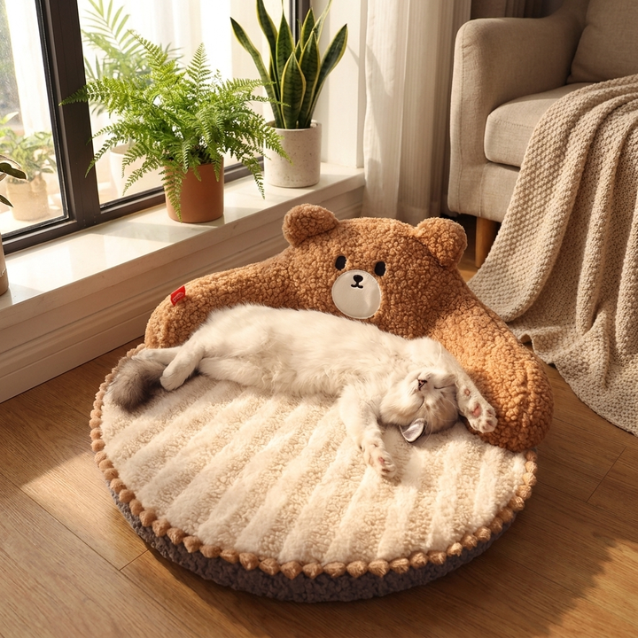 Cozy bear-shaped pet sleeping mat for cats & small dogs. Plush, warm, indoor pet bed in brown or pink.
