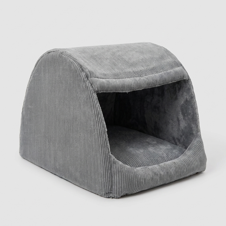 Detachable & washable flannel dog tent bed in gray. Cozy pet house provides warm comfort for large indoor dogs.