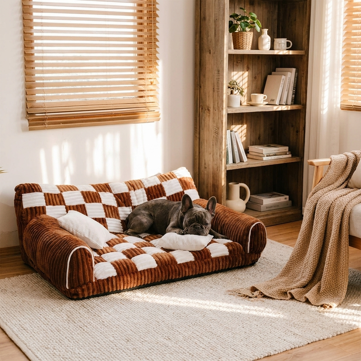 Vintage chessboard orthopedic extra large dog sofa bed for ultimate pet comfort. Washable pet furniture.