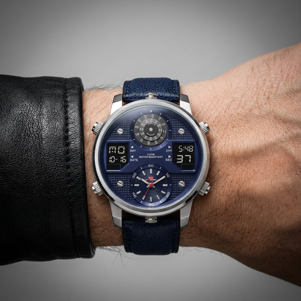 Rose gold men's multifunction stainless steel dive watch. Durable, water-resistant timepiece for modern men's fashion.