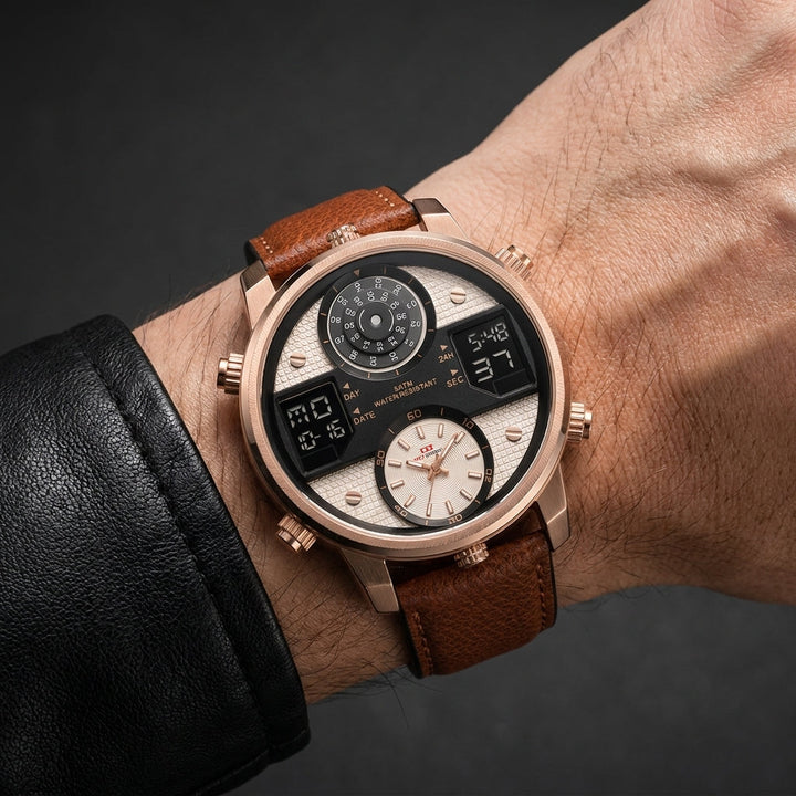 Elegant gold men's multifunction stainless steel dive watch with oversized dial. A stylish, water-resistant timepiece.