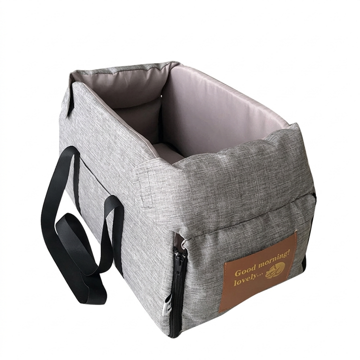 Detachable non-slip pet car bed in Oxford fabric for safe dog & cat travel. Gray/khaki design, cozy & secure.
