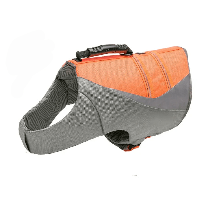 High visibility dog life jacket with adjustable straps, pet float vest for swim safety in water activities.