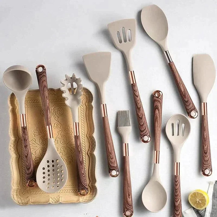 Ergonomic silicone cooking tools with natural wooden handles, heat-resistant and dishwasher-safe kitchen essentials.