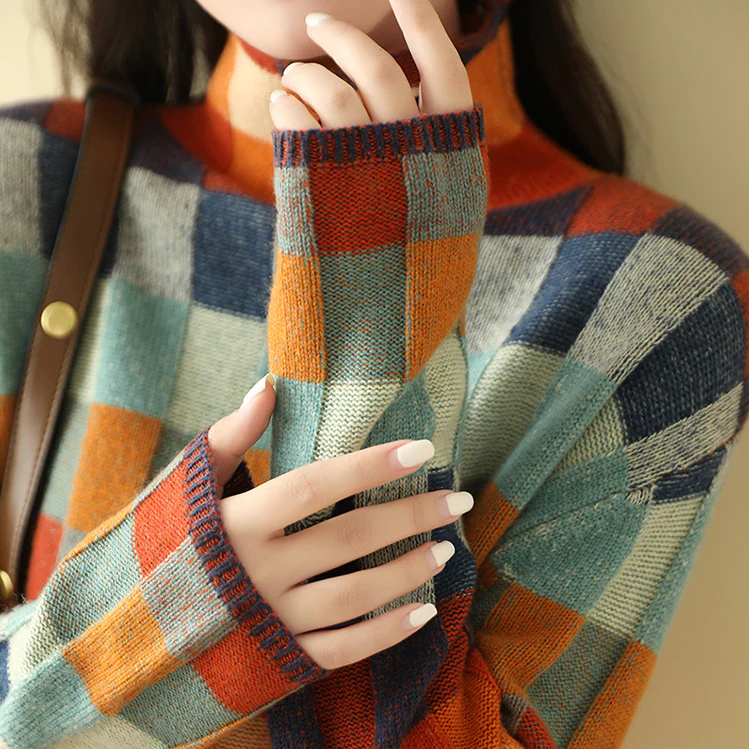 New arrival: women's chic patchwork turtleneck sweater. Cozy, warm, and stylish long sleeve pullover top.