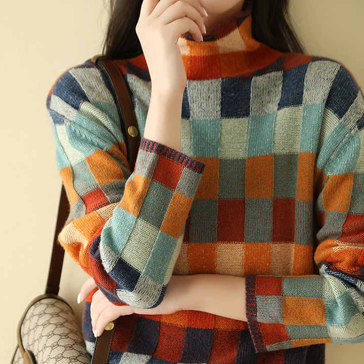 Fashionable women's patchwork turtleneck sweater, a chic new arrival. Cozy long sleeve pullover for women.