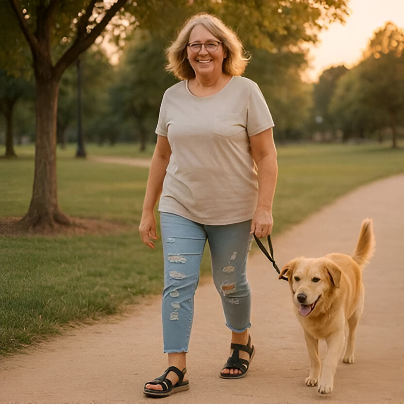 Women's walking sandals in blue, orthopedic design for all-day comfort with strong arch support.