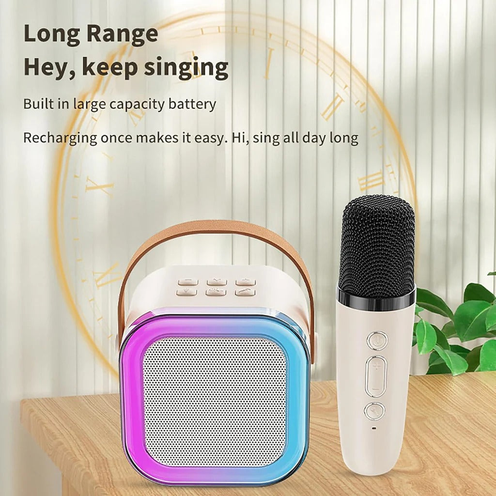 Rechargeable portable karaoke speaker with two wireless mics, delivering hours of music & sing-along fun anywhere.