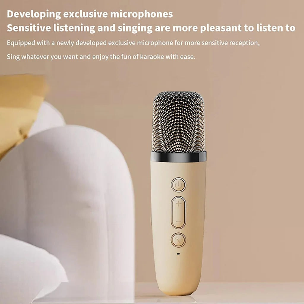 Duet-ready portable karaoke speaker set featuring two cordless microphones and a long-lasting rechargeable battery.