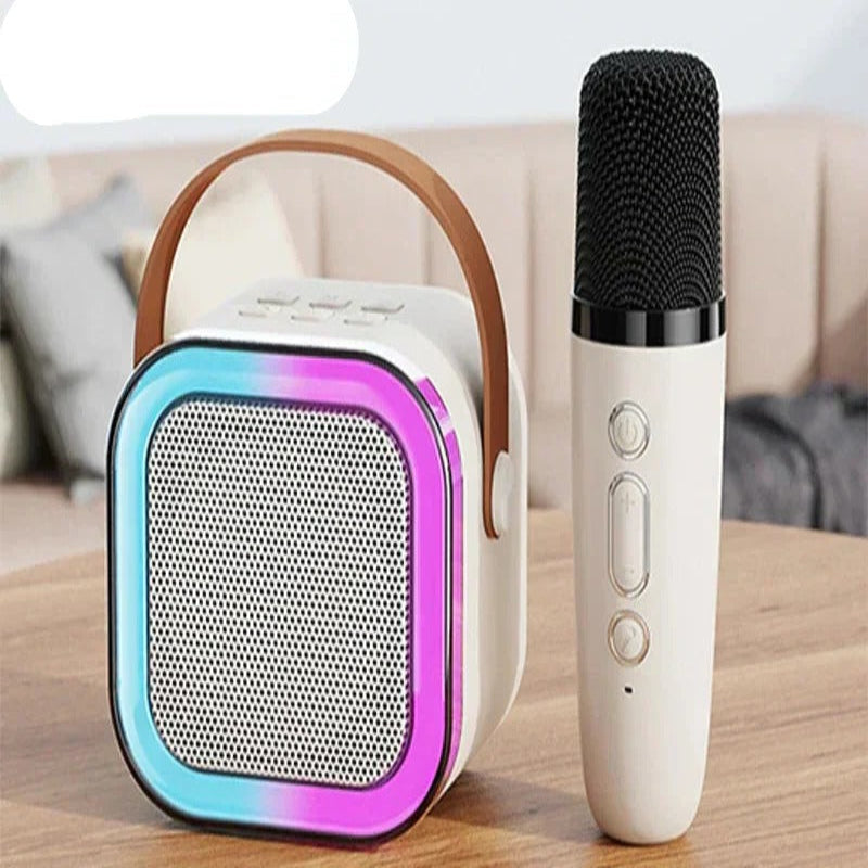Portable karaoke speaker with two wireless microphones, perfect for parties & sing-alongs. Rechargeable & compact.