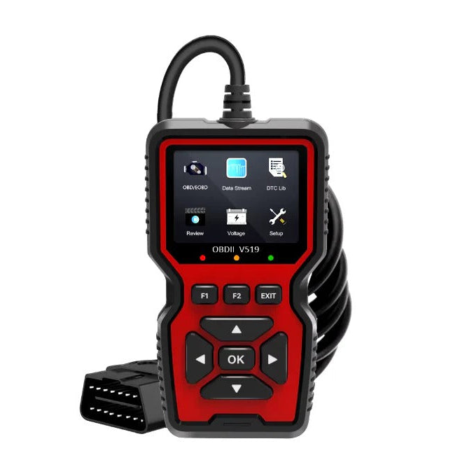 Car OBD2 diagnostic scanner tool with screen, buttons, & cable. Read engine codes & live data.