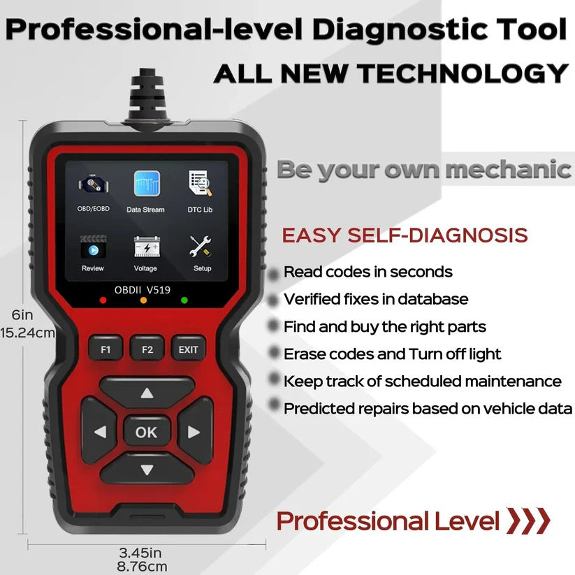 Handheld car OBD2 diagnostic scanner connected to vehicle's port. Auto tool for check engine light.