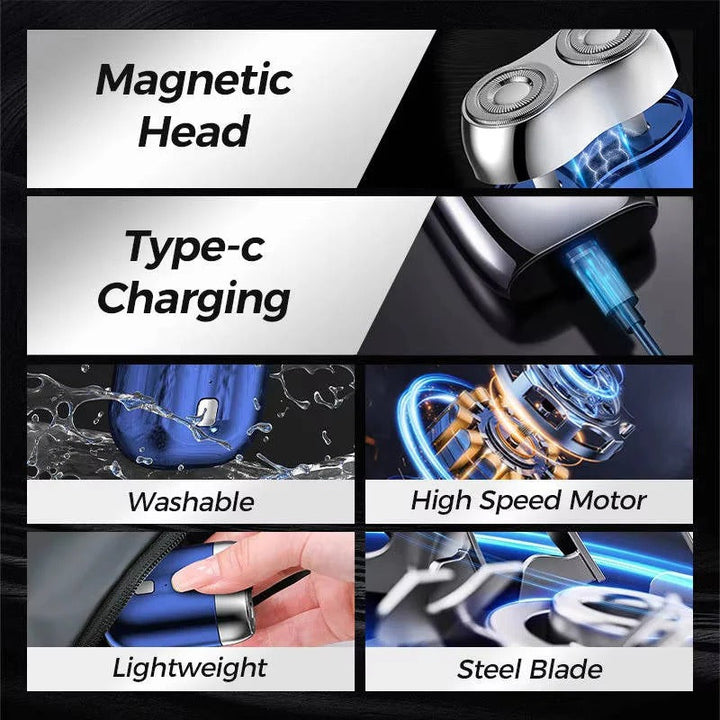 Magnetic head electric shaver for men, offering a fast, wet/dry, and waterproof grooming experience.