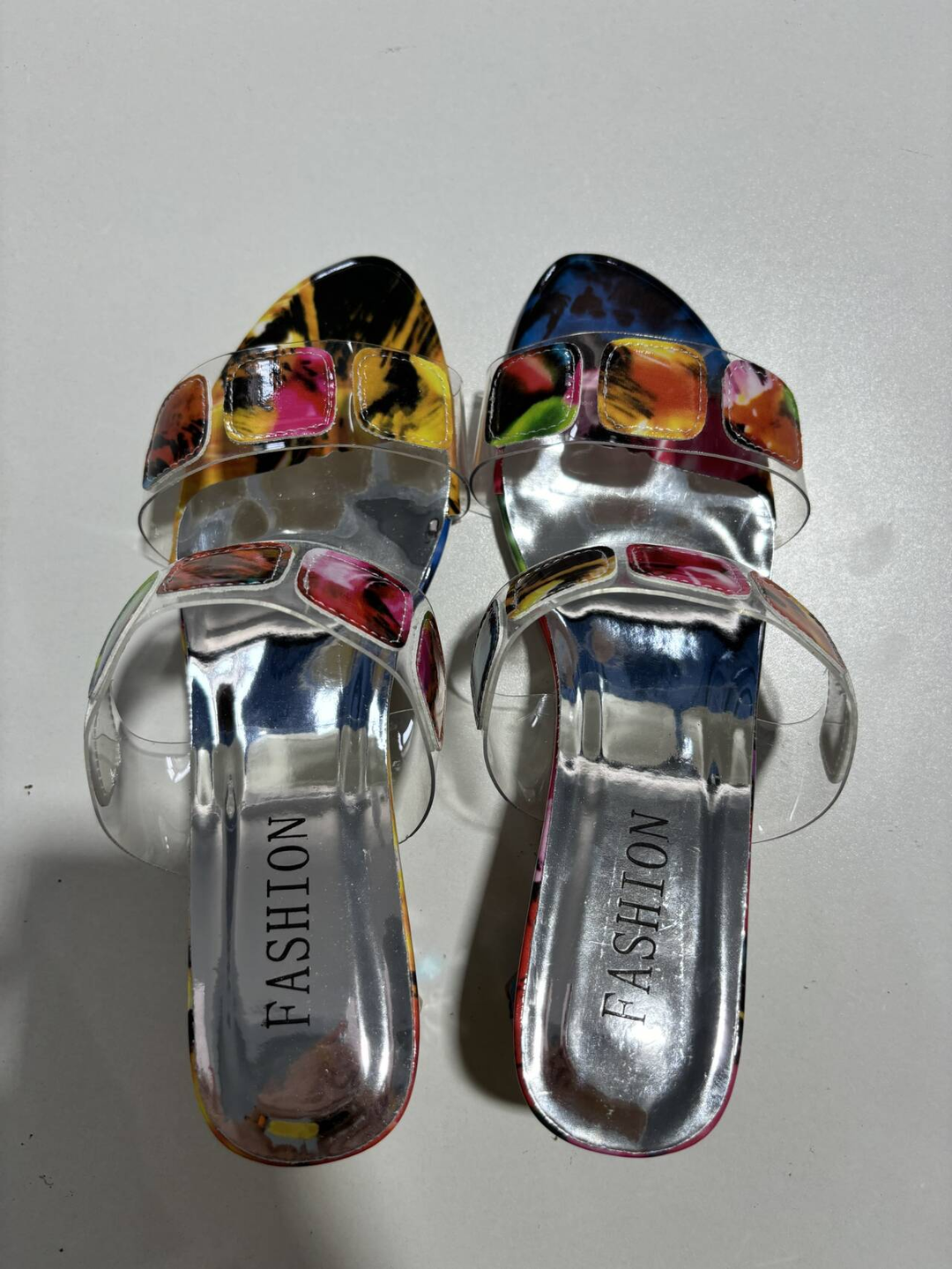 Women's colorful gemstone multi-strap block heel slide sandals, elegant summer party shoes.