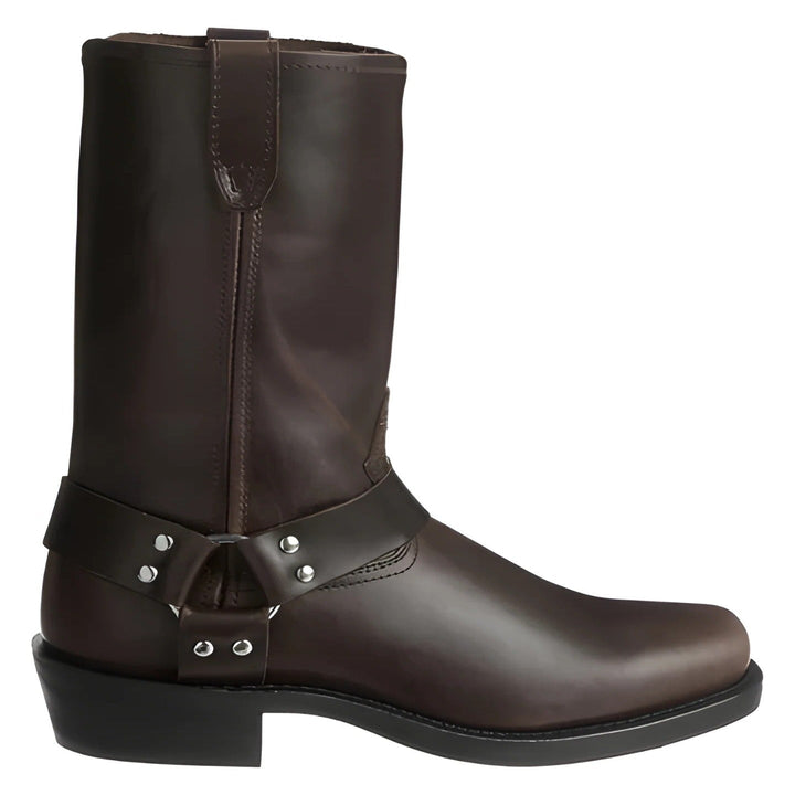 Durable men's biker style harness boots in brown, featuring a sturdy 11-inch shaft and reliable non-slip sole.