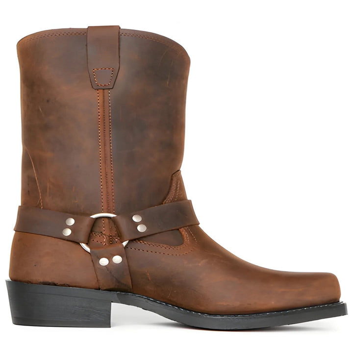 Black men's rugged harness boots, 11-inch shaft, non-slip sole. Perfect for demanding work or motorcycle adventures.