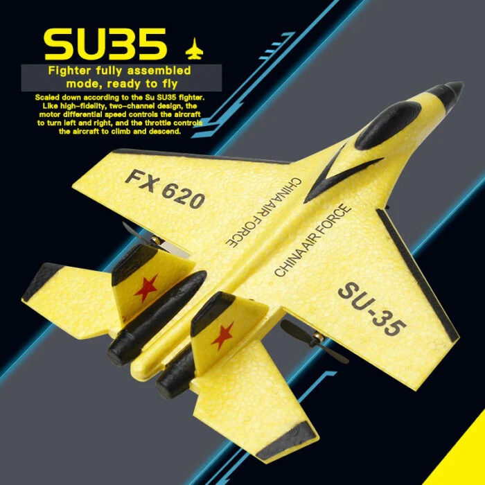 Unisex RC SU35 fighter jet plane, featuring sleek design, bright LED lights, and 2.4GHz remote for easy flying.