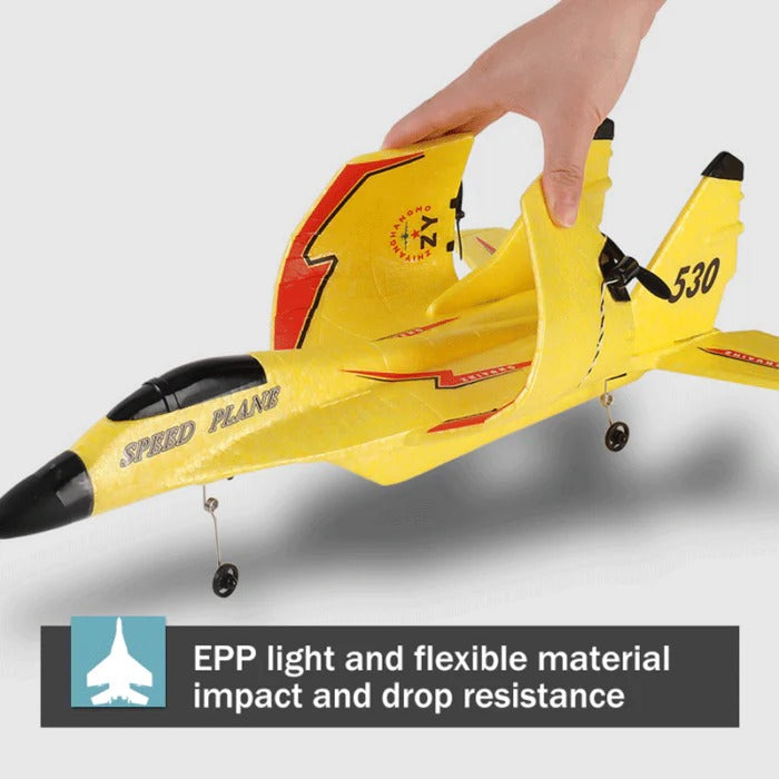 High-performance RC SU35 fighter jet in flight, showcasing bright LED lights and 2.4GHz remote control.