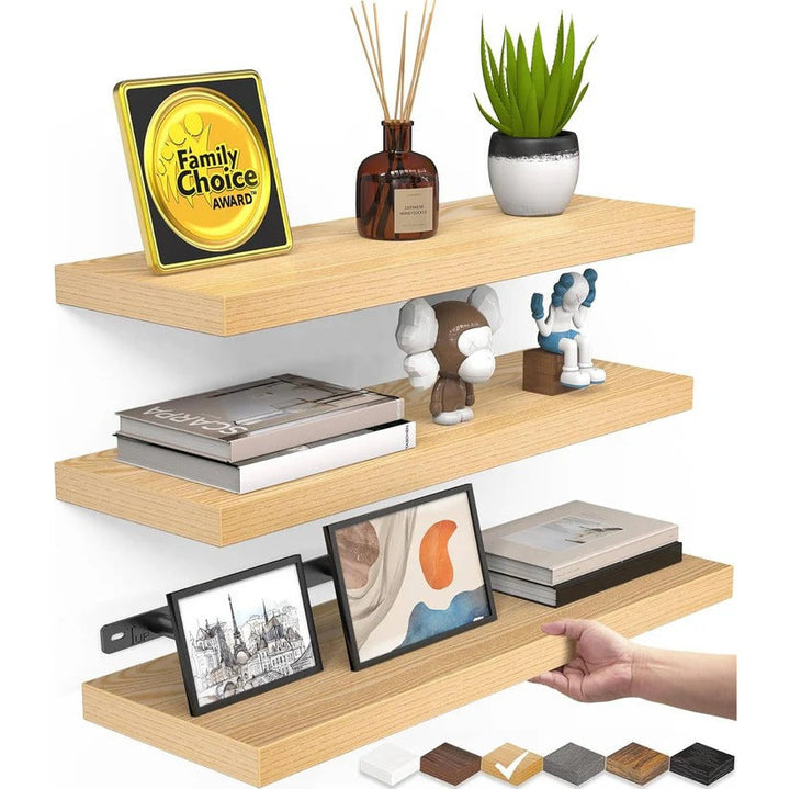 Modern rustic floating wall shelves (set of 3). Enhance home decor & add functional storage to any room.