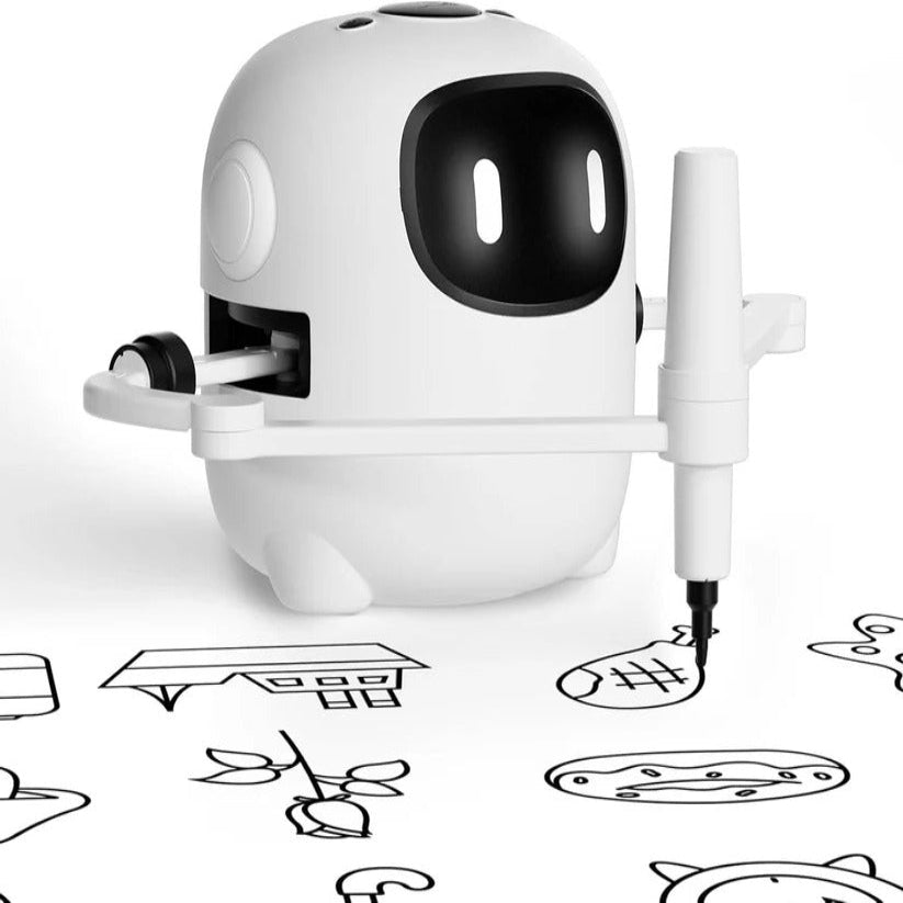 Educational drawing robot for kids, featuring voice guidance and STEM learning with interactive activity cards.