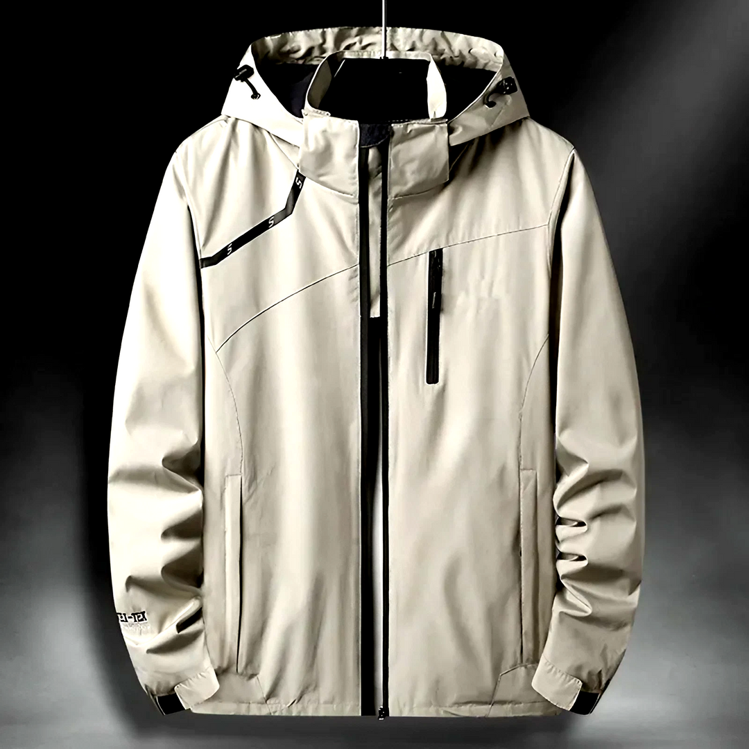 Men's all-weather hooded technical jacket, windproof & waterproof outerwear for active lifestyles.