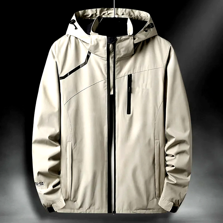 Men's all-weather hooded technical jacket, windproof & waterproof outerwear for active lifestyles.