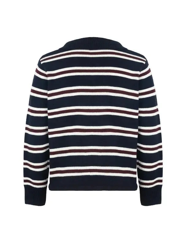 Close-up of a women's Heritage striped knit sweater, showing textured knit fabric. Long sleeve for winter comfort.