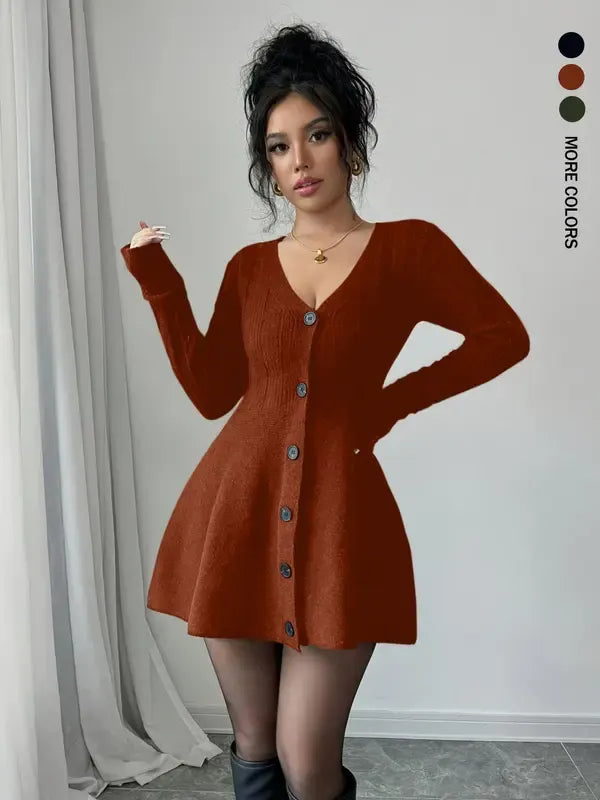Elegant brown V-neck flared dress for women. Chic long sleeve mini dress, perfect for versatile fashion.