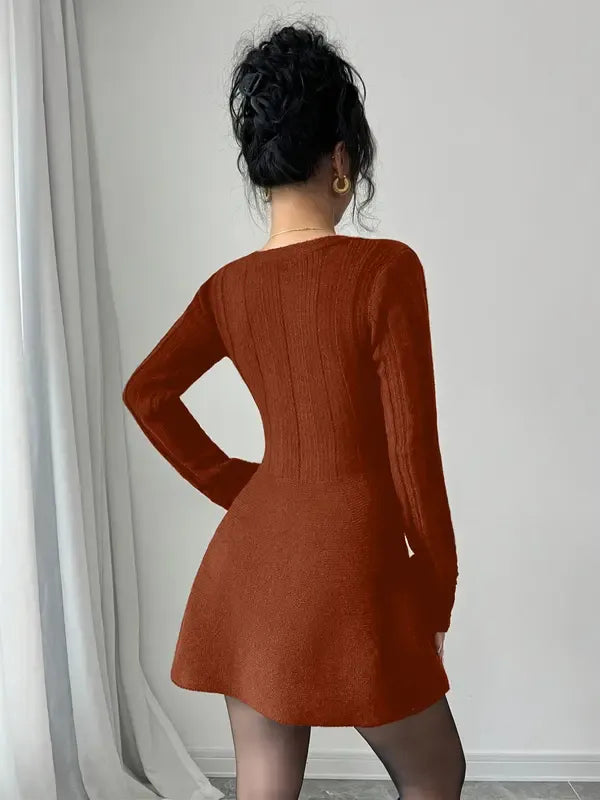 Brown V-neck long sleeve flared mini dress. Elegant women's fashion, versatile for day or evening wear.
