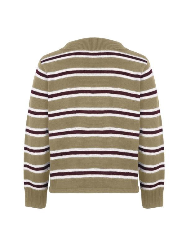 Woman wearing a stylish Heritage striped knit sweater. Long sleeve pullover, perfect for casual fall fashion.