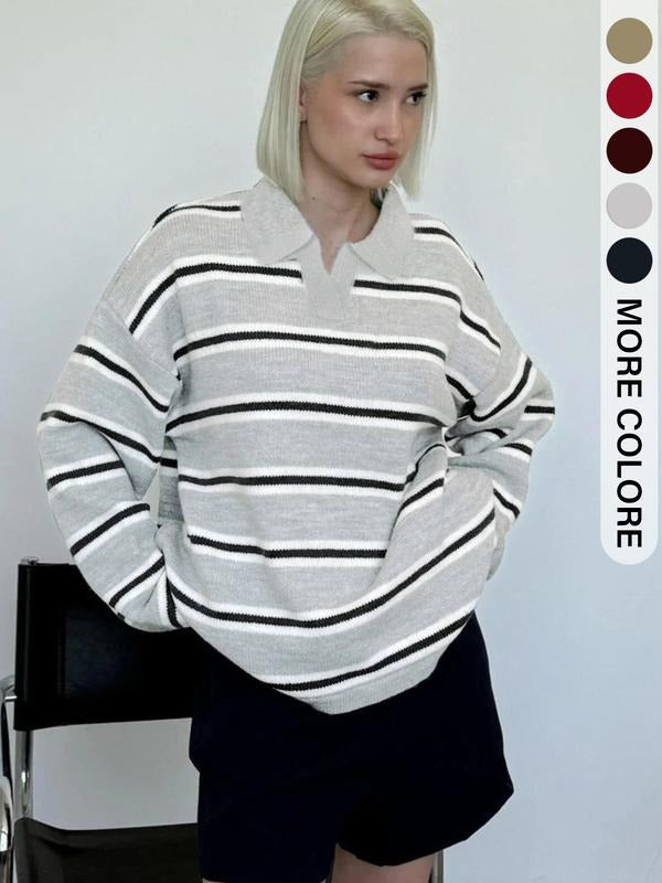Striped knit sweater for women, perfect fall & winter wear. Cozy long sleeve pullover with classic elegance.