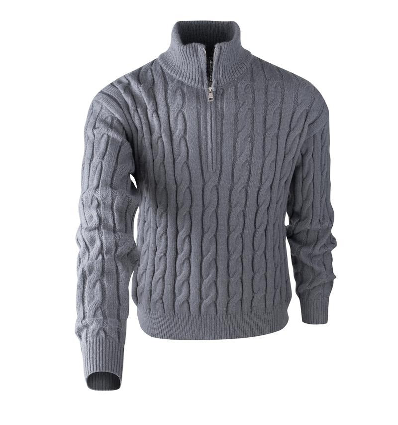 Full view of a man wearing a stylish cable knit quarter-zip sweater, showcasing its structured fit and casual wear appeal.
