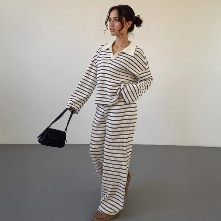 Relaxed fit women's striped knit lounge set. Stylish two-piece casual wear, perfect for comfort at home.
