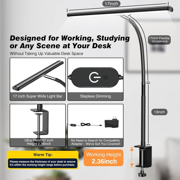 Modern LED desk lamp with stepless dimming & color temperature control. Ideal for eye-caring workspace lighting.