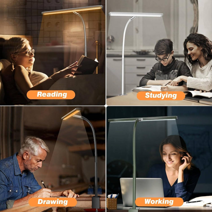 Flexible LED clamp lamp for desks. Dimmable, color adjustable gooseneck task light for reading, office, or crafting.
