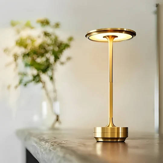Contemporary LED desk lamp, portable & dimmable, offering soft light for any space.