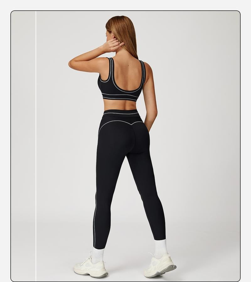 Back view of women's sculpting active set, two-piece workout leggings & sports bra, ideal for athleisure & fitness.