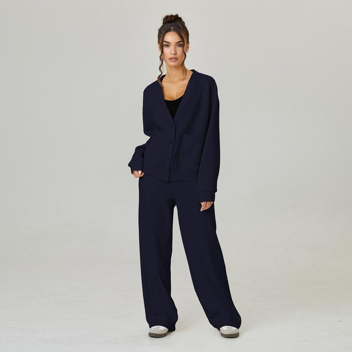 Relaxed brown women's knit lounge set, a comfortable casual outfit with a long-sleeve top & pants.
